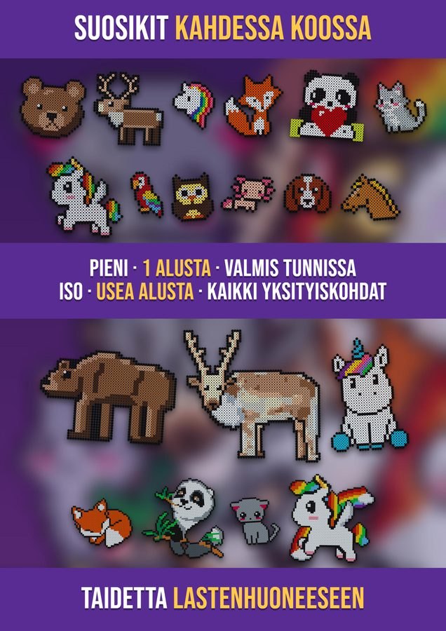 Sama eläinkaavio kahdessa koossa: pieni versio yhdelle alustalle ja iso versio usealle alustalle