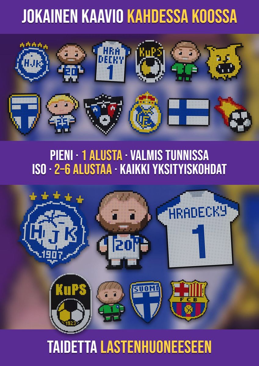 Sama jalkapallokaavio kahdessa koossa: pieni yhdelle alustalle ja iso usealle alustalle