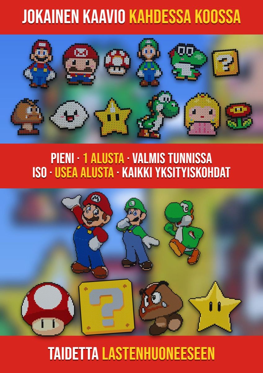 Sama Super Mario -kaavio kahdessa koossa: pieni versio yhdellä alustalla ja iso versio usealla alustalla